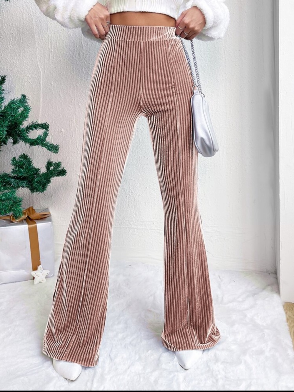 Ribbed Velvet Wide-Leg Pants in Blush